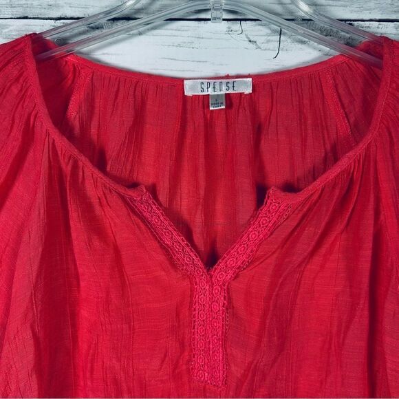 Spense Crinkle Coral Rayon Polyester Blouse L Elastic 3/4 Sleeve - Picture 3 of 6